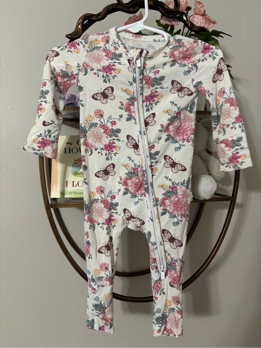 Old Navy Cream One-Piece Footie with Pink Floral & Brown Butterflies